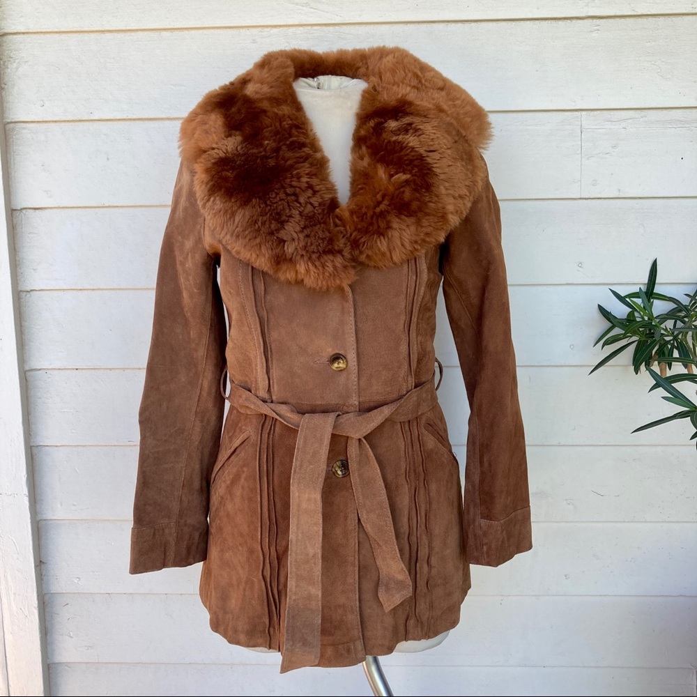 70s vintage tan brown suede leather belted sheepskin faux fur collar jacket 6